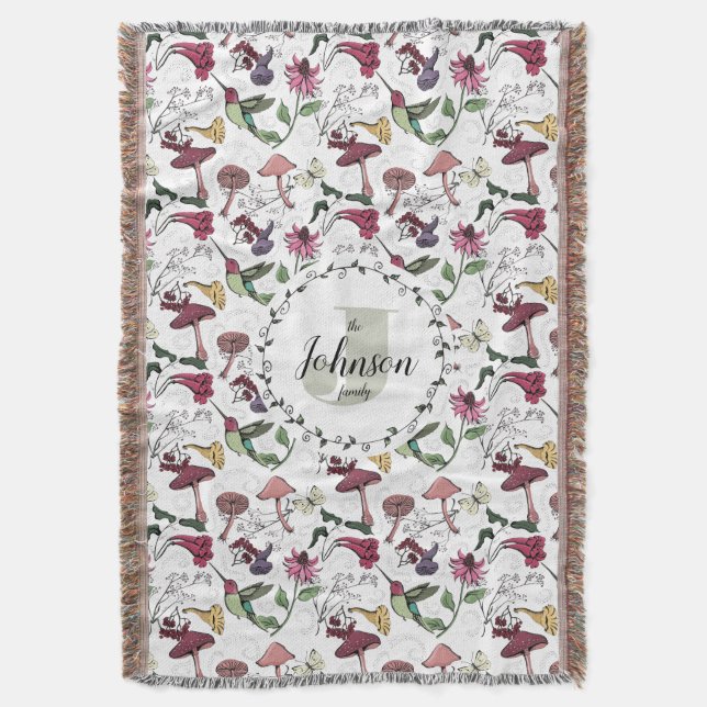 Floral Family Name Hummingbird Garden & Flowers Throw Blanket (Front Vertical)