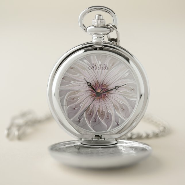 Floral Fantasy, Abstract Modern Pastel Flower Name Pocket Watch (Inside)