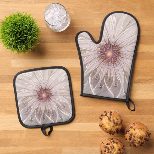 Floral Fantasy, Abstract Modern Pastel Flower Oven Mitt & Pot Holder Set (Top Down)