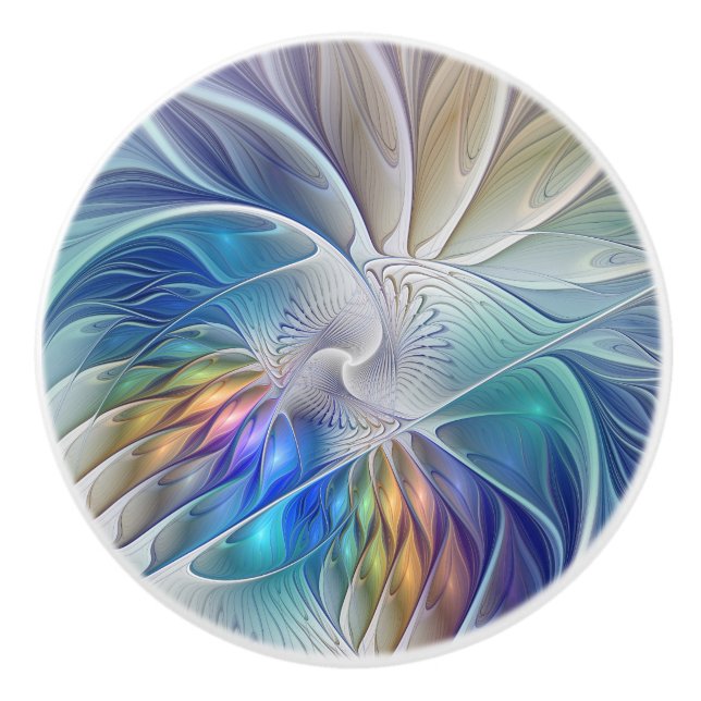 Floral Fantasy, Colourful Abstract Fractal Flower Ceramic Knob (Front)