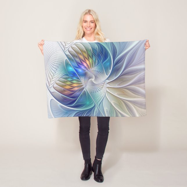 Floral Fantasy, Colourful Abstract Fractal Flower Fleece Blanket (In Situ)