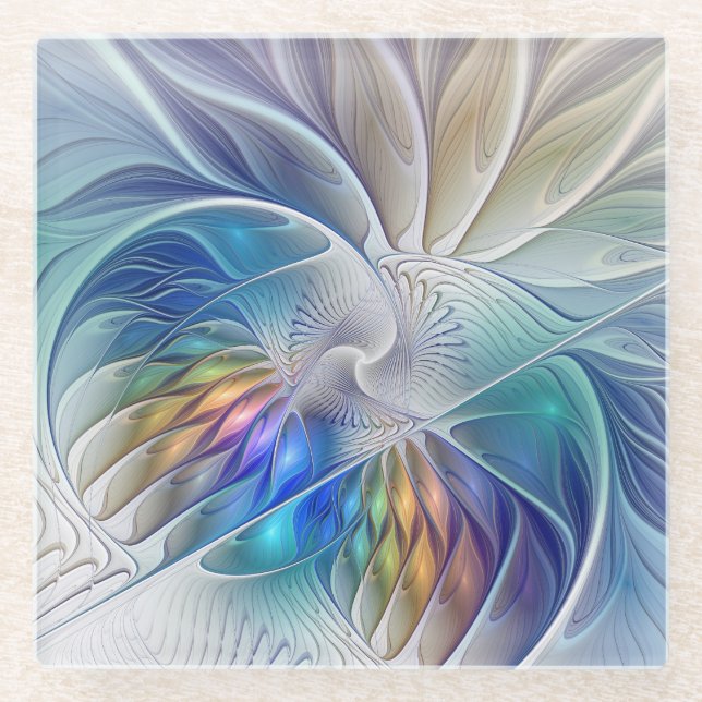 Floral Fantasy, Colourful Abstract Fractal Flower Glass Coaster (Front)