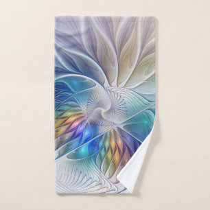 Floral Fantasy, Colourful Abstract Fractal Flower Hand Towel