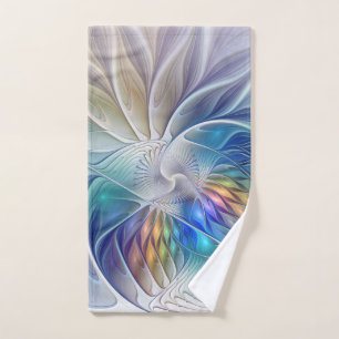 Floral Fantasy, Colourful Abstract Fractal Flower Hand Towel