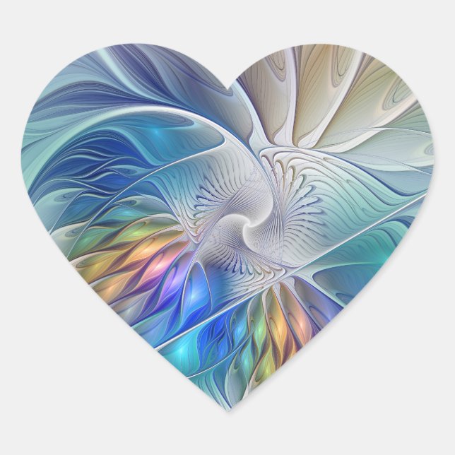 Floral Fantasy, Colourful Abstract Fractal Flower Heart Sticker (Front)