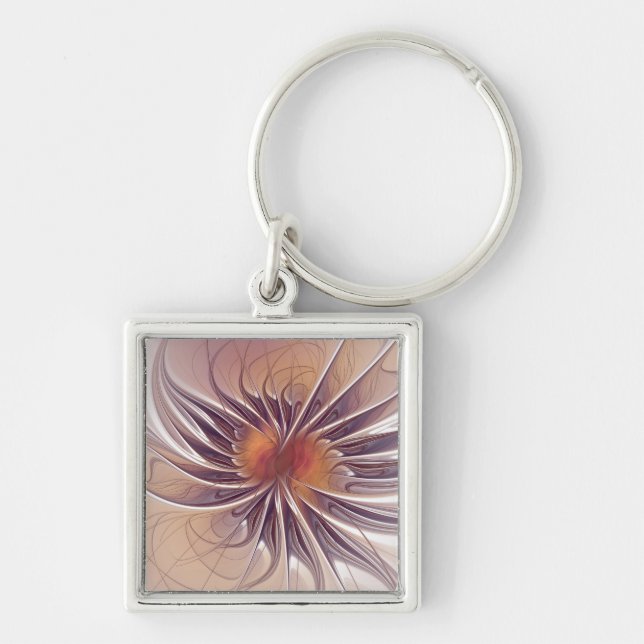 Floral Fantasy, Colourful Abstract Fractal Flower. Key Ring (Front)
