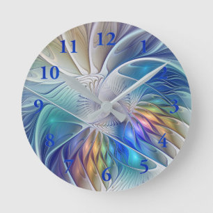 Floral Fantasy, Colourful Abstract Fractal Flower Round Clock