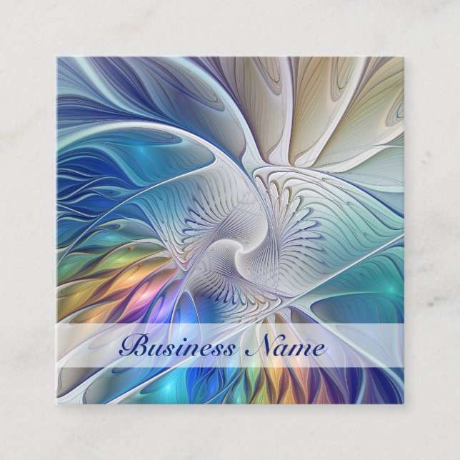 Floral Fantasy, Colourful Abstract Fractal Flower Square Business Card (Front)