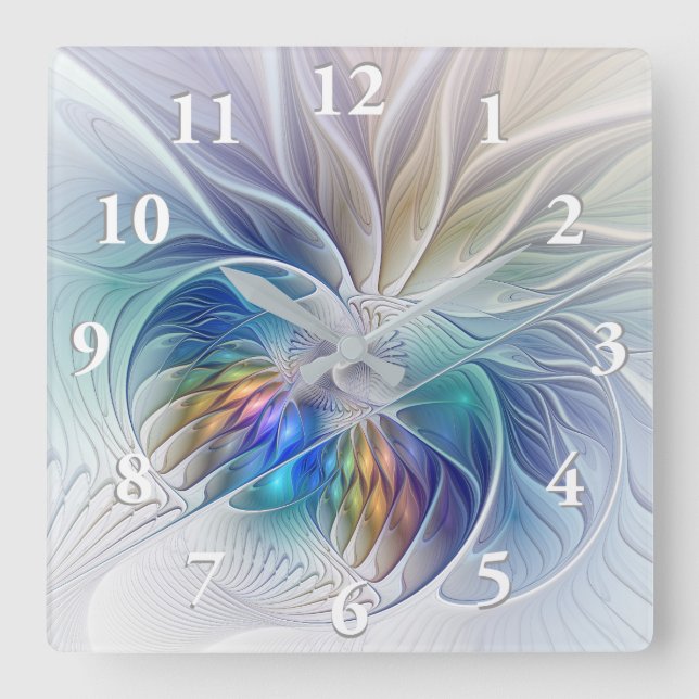 Floral Fantasy, Colourful Abstract Fractal Flower Square Wall Clock (Front)