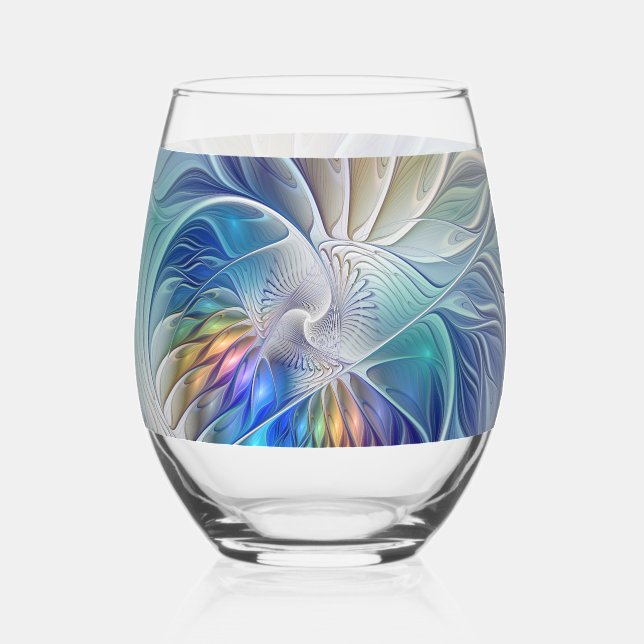 Floral Fantasy, Colourful Abstract Fractal Flower Stemless Wine Glass (Front)