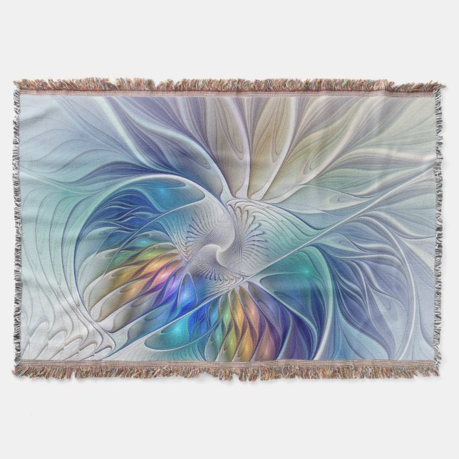 Floral Fantasy, Colourful Abstract Fractal Flower Throw Blanket (Front)