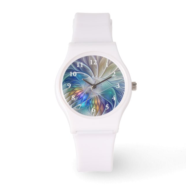 Floral Fantasy, Colourful Abstract Fractal Flower Watch (Front)