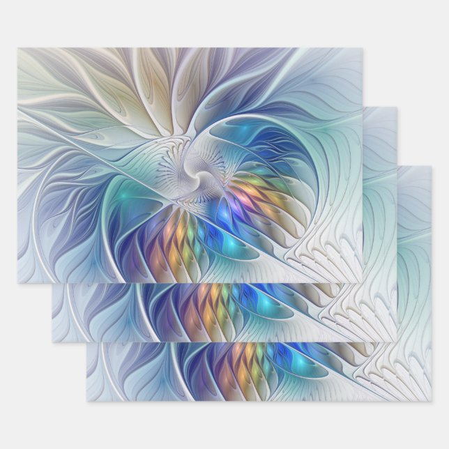 Floral Fantasy, Colourful Abstract Fractal Flower Wrapping Paper Sheet (Set)