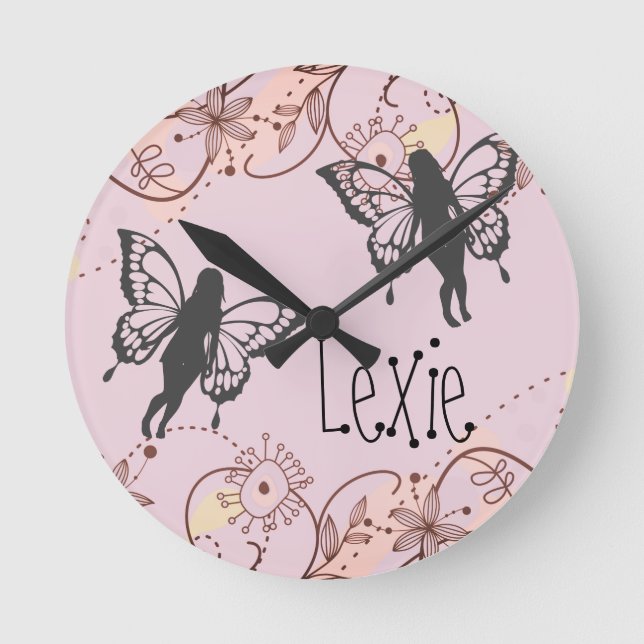 Floral Fantasy Fairies Personalised Pink Round Clock (Front)
