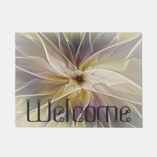 Floral Fantasy Gold Aubergine Abstract Art Text Doormat