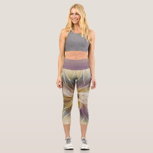 Floral Fantasy Gold Aubergine Abstract Fractal Art Capri Leggings