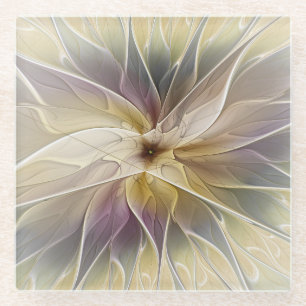 Floral Fantasy Gold Aubergine Abstract Fractal Art Glass Coaster