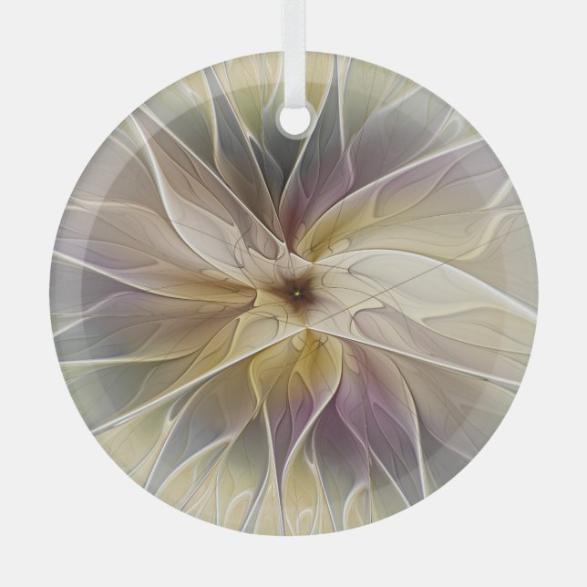 Floral Fantasy Gold Aubergine Abstract Fractal Art Glass Tree Decoration (Front)