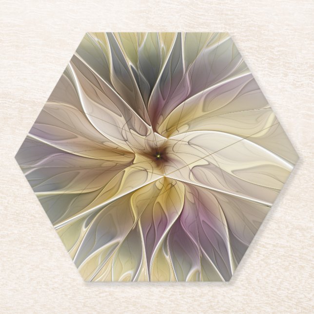Floral Fantasy Gold Aubergine Abstract Fractal Art Paper Coaster (Front)