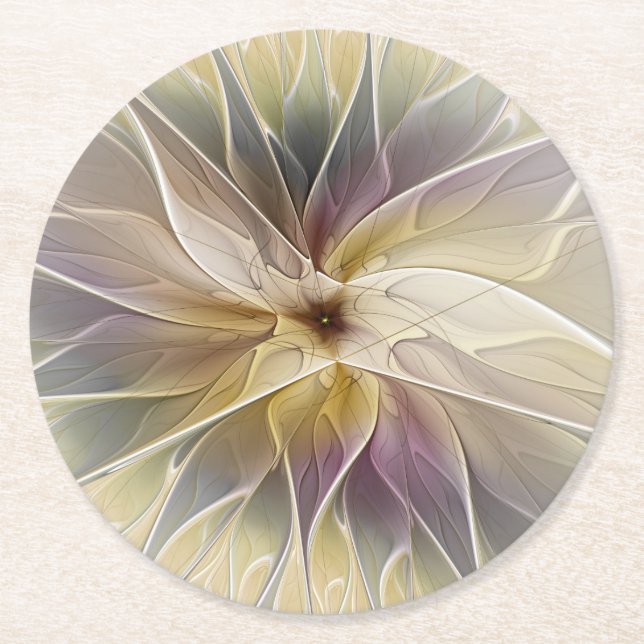 Floral Fantasy Gold Aubergine Abstract Fractal Art Round Paper Coaster (Front)