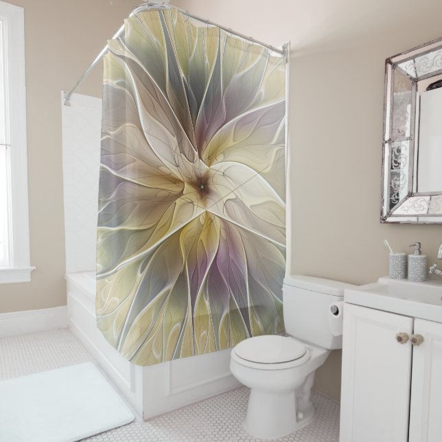 Floral Fantasy Gold Aubergine Abstract Fractal Art Shower Curtain (In Situ)