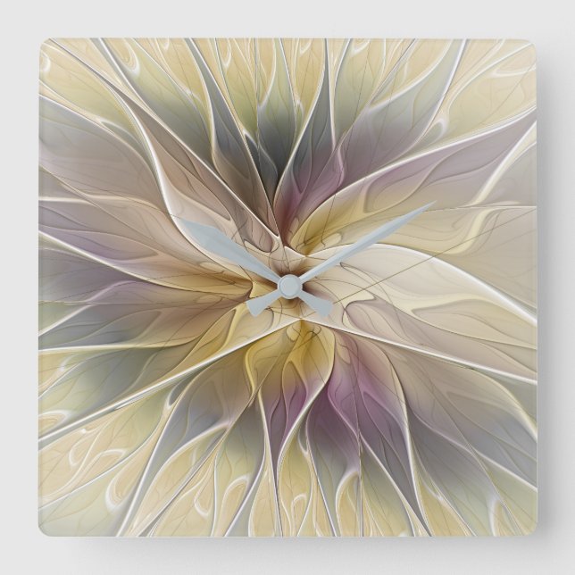 Floral Fantasy Gold Aubergine Abstract Fractal Art Square Wall Clock (Front)