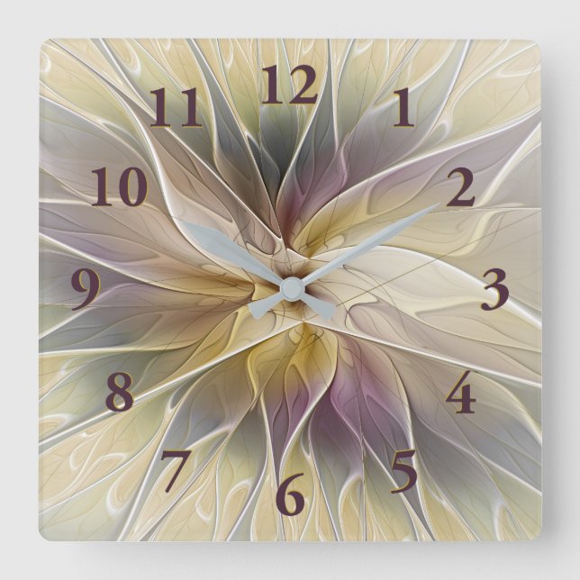 Floral Fantasy Gold Aubergine Abstract Fractal Art Square Wall Clock (Front)