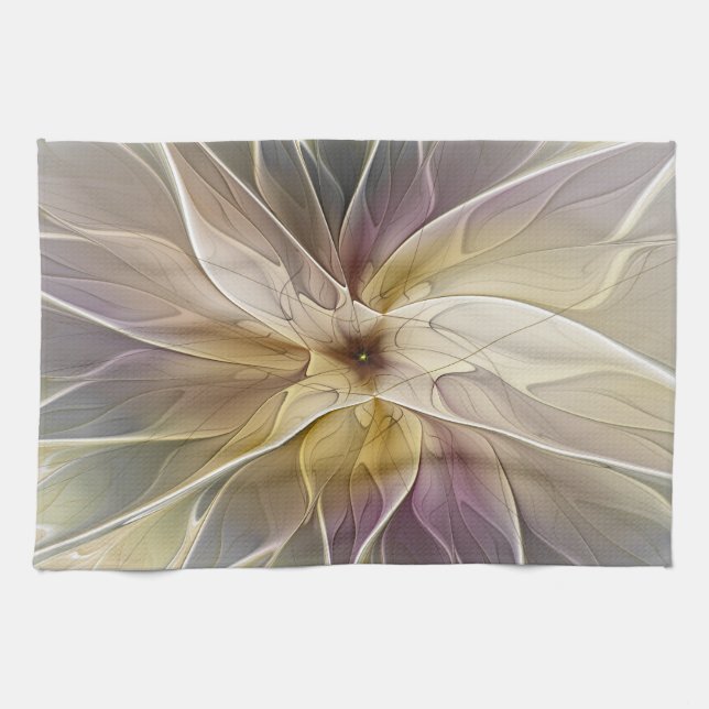 Floral Fantasy Gold Aubergine Abstract Fractal Art Tea Towel (Horizontal)