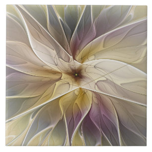 Floral Fantasy Gold Aubergine Abstract Fractal Art Tile