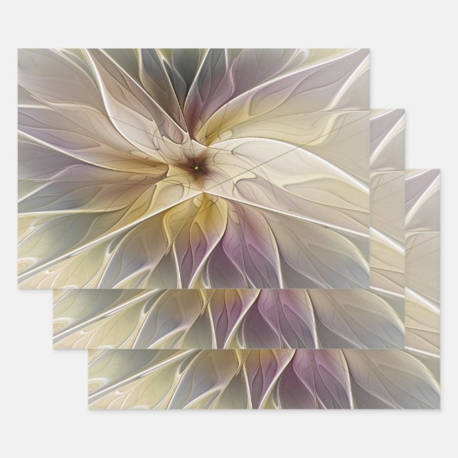 Floral Fantasy Gold Aubergine Abstract Fractal Art Wrapping Paper Sheet (Set)