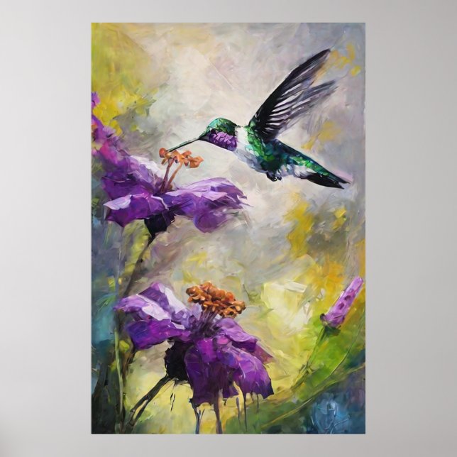 Floral Fantasy Hummingbirds Amidst Purple Petals Poster (Front)