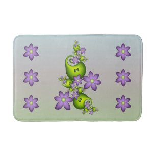 Floral Fantasy Lilac Flowers Green Shapes Fractal Bath Mat