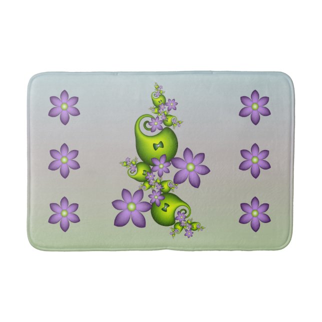 Floral Fantasy Lilac Flowers Green Shapes Fractal Bath Mat (Front)
