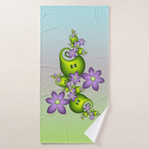 Floral Fantasy Lilac Flowers Green Shapes Fractal Bath Towel