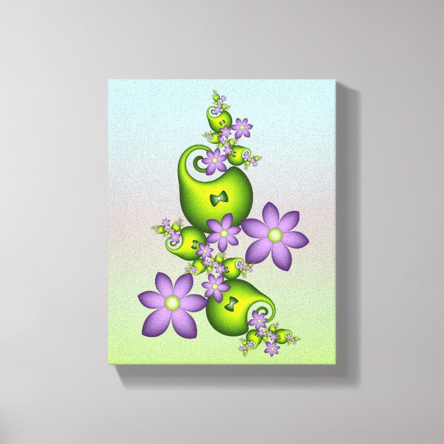 Floral Fantasy Lilac Flowers Green Shapes Fractal Canvas Print (Front)