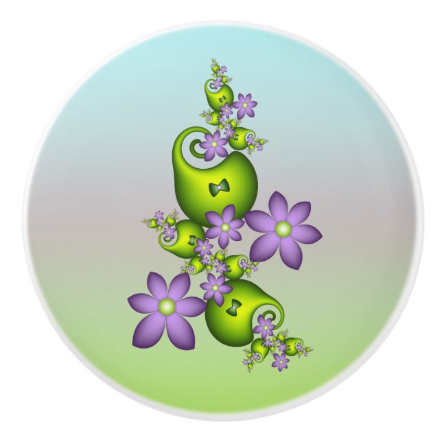 Floral Fantasy Lilac Flowers Green Shapes Fractal Ceramic Knob (Front)