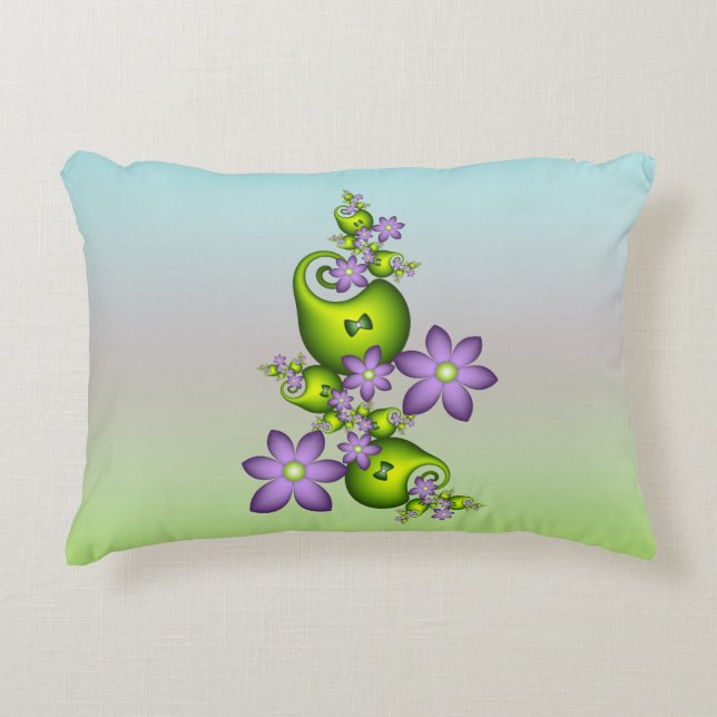 Floral Fantasy Lilac Flowers Green Shapes Fractal Decorative Cushion (Front)