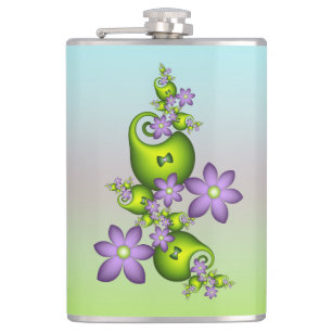 Floral Fantasy Lilac Flowers Green Shapes Fractal Hip Flask