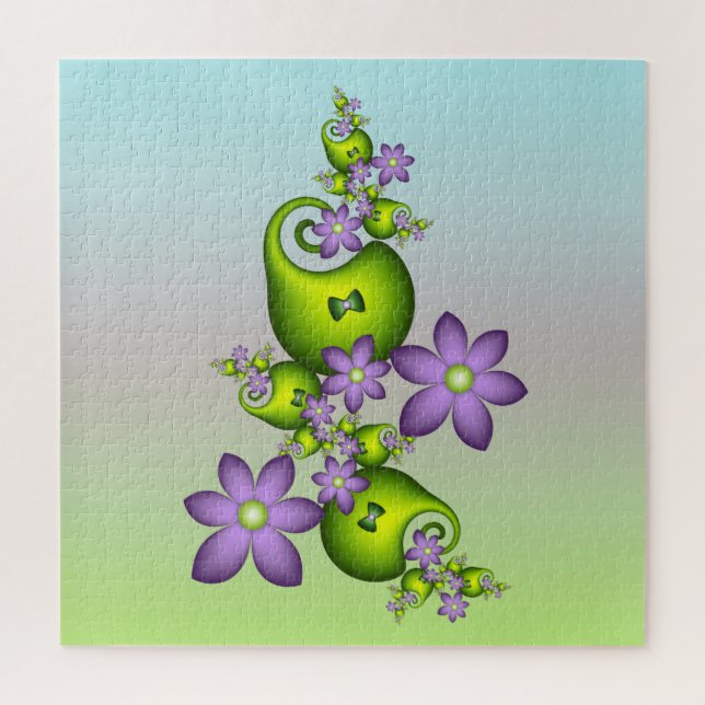 Floral Fantasy Lilac Flowers Green Shapes Fractal Jigsaw Puzzle (Vertical)