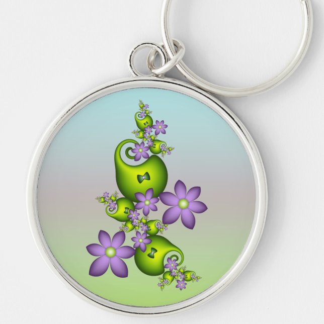 Floral Fantasy Lilac Flowers Green Shapes Fractal Key Ring (Front)