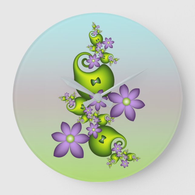 Floral Fantasy Lilac Flowers Green Shapes Fractal Large Clock (Front)
