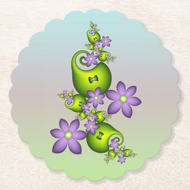Floral Fantasy Lilac Flowers Green Shapes Fractal Paper Coaster (Front)