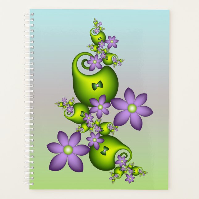 Floral Fantasy Lilac Flowers Green Shapes Fractal Planner (Front)