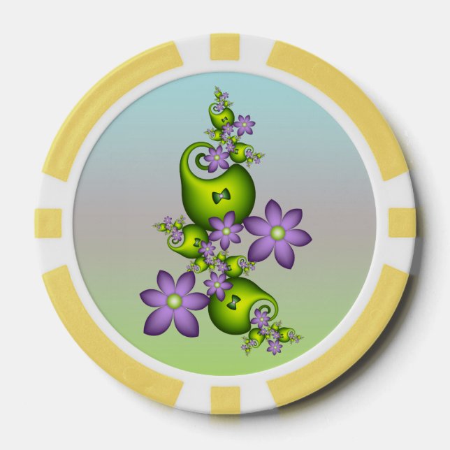 Floral Fantasy Lilac Flowers Green Shapes Fractal Poker Chips (Front)