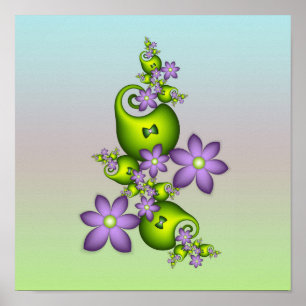 Floral Fantasy Lilac Flowers Green Shapes Fractal Poster