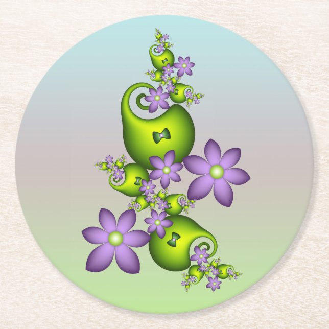 Floral Fantasy Lilac Flowers Green Shapes Fractal Round Paper Coaster (Front)