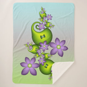 Floral Fantasy Lilac Flowers Green Shapes Fractal Sherpa Blanket