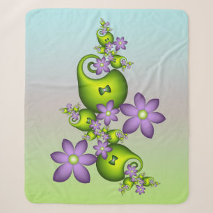 Floral Fantasy Lilac Flowers Green Shapes Fractal Sherpa Blanket