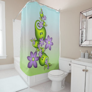 Floral Fantasy Lilac Flowers Green Shapes Fractal Shower Curtain