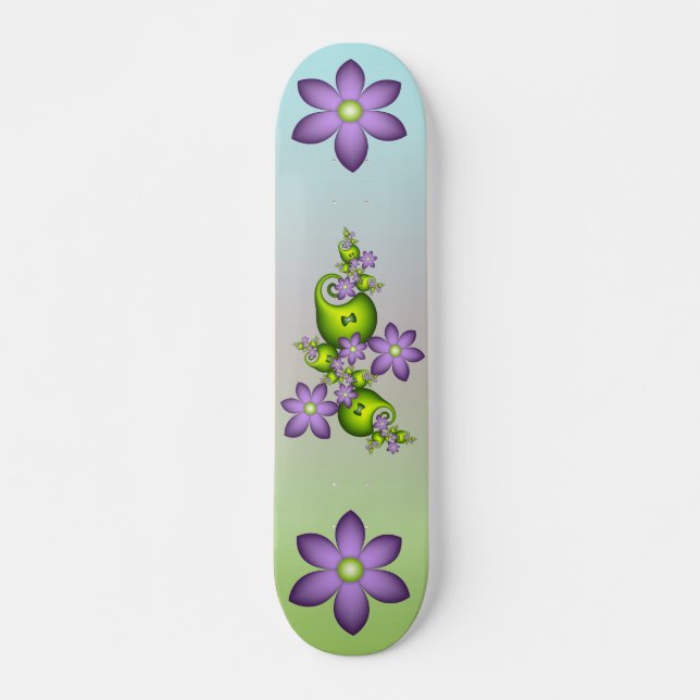Floral Fantasy Lilac Flowers Green Shapes Fractal Skateboard (Front)